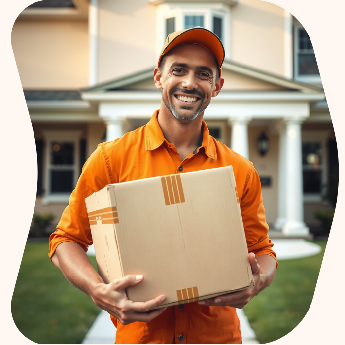 Two removalists moving boxes up stairs