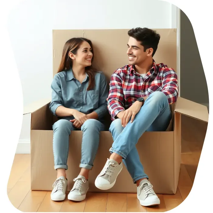 Two guys sitting on the floor of their apartment with Muval moving boxes